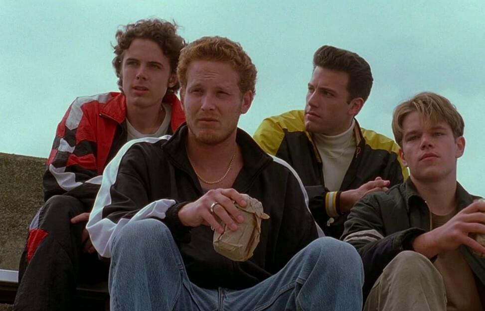 (L–R) Casey Affleck, Cole Hauser, Ben Affleck, and Matt Damon play guys who grew up together in South Boston, in “Good Will Hunting.” (Miramax)