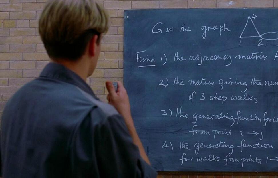 Will Hunting (Matt Damon) observes a grad-student-level math problem in “Good Will Hunting.” (Miramax)