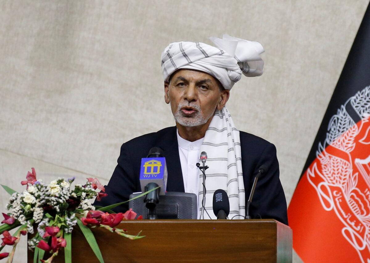 Afghan President Ashraf Ghani speaks at the parliament in Kabul, Afghanistan August 2, 2021. REUTERS/Stringer