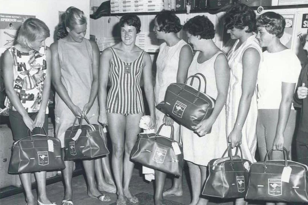 Jan Becker (3rd-L) modeling the official Australian Olympic swimsuit with her Olympic swimming team in Townsville, Australia, before leaving for Japan to compete in the Tokyo 1964 Summer Olympics, where they won the silver medal in the 100-meter freestyle relay. (Courtesy of Jan Becker)