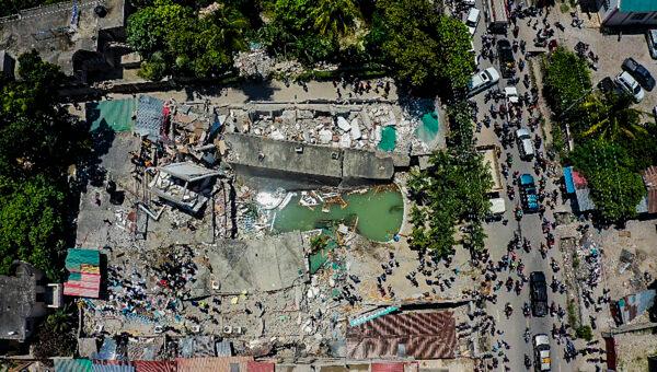 An aerial view of the Hotel Le Manguier destroyed by an earthquake, in Les Cayes, Haiti, on Aug. 14, 2021. (Ralph Tedy Erol/AP Photo)