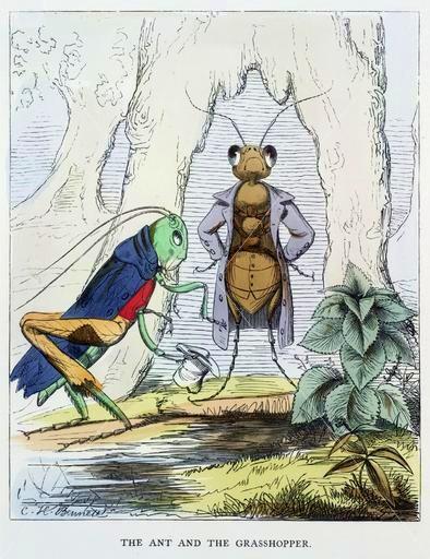 An 1857 illustration of Aesop's fable “The Ant and the Grasshopper.” (Public Domain)