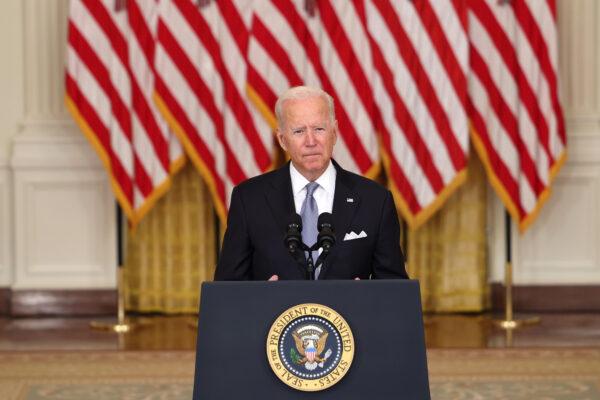 President Joe Biden delivers remarks on the worsening crisis in Afghanistan from the East Room of the White House in Washington on Aug. 16, 2021. (Anna Moneymaker/Getty Images)