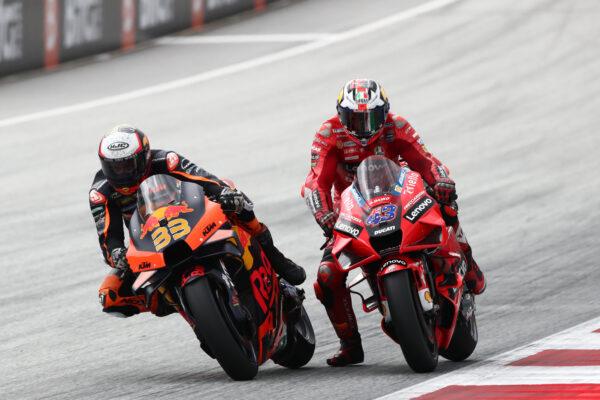 Brad Binder (L) and Jack Miller in action during the Austrian MotoGP™ in Salzburg, Austria, on Aug. 15, 2021. (Gold and Goose Photography/Red Bull Content Pool via Reuters)
