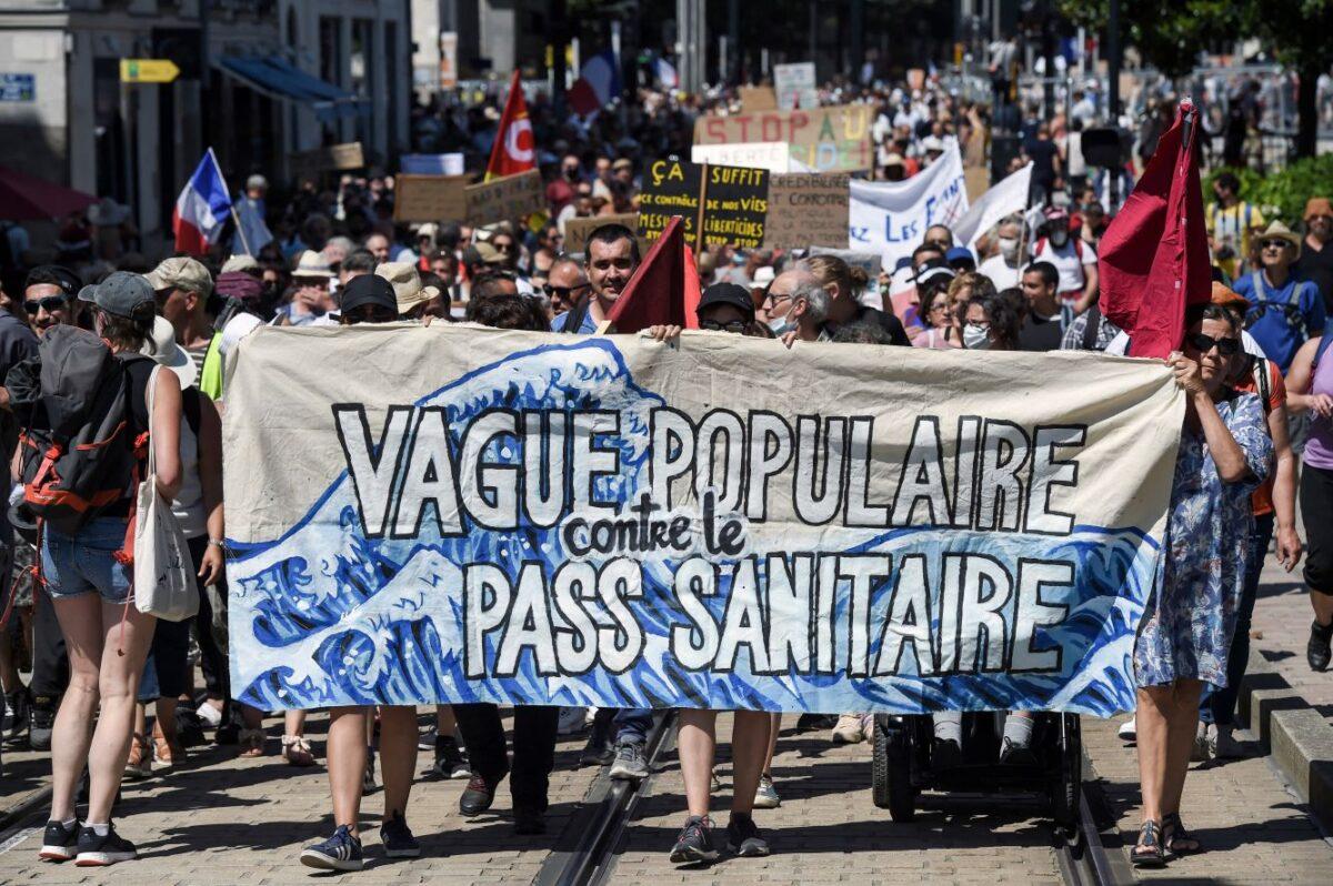 Protesters are seen in Nantes, France, on Aug. 14, 2021.  (SEBASTIEN SALOM-GOMIS/AFP via Getty Images)