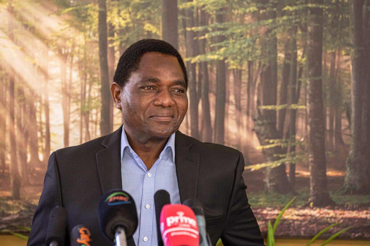 President-elect Hakainde Hichilema gives a press briefing at his residence in Lusaka, Zambia, on Aug. 16, 2021. (Patrick Meinhardt/AFP via Getty Images)