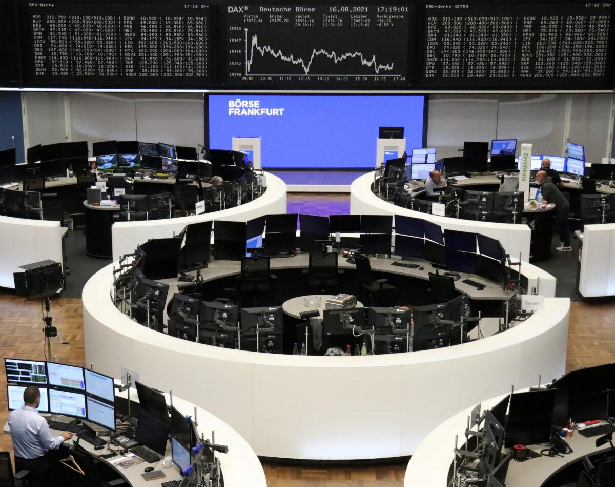The German share price index DAX graph is pictured at the stock exchange in Frankfurt, Germany, on Aug. 16, 2021. (Staff/Reuters)