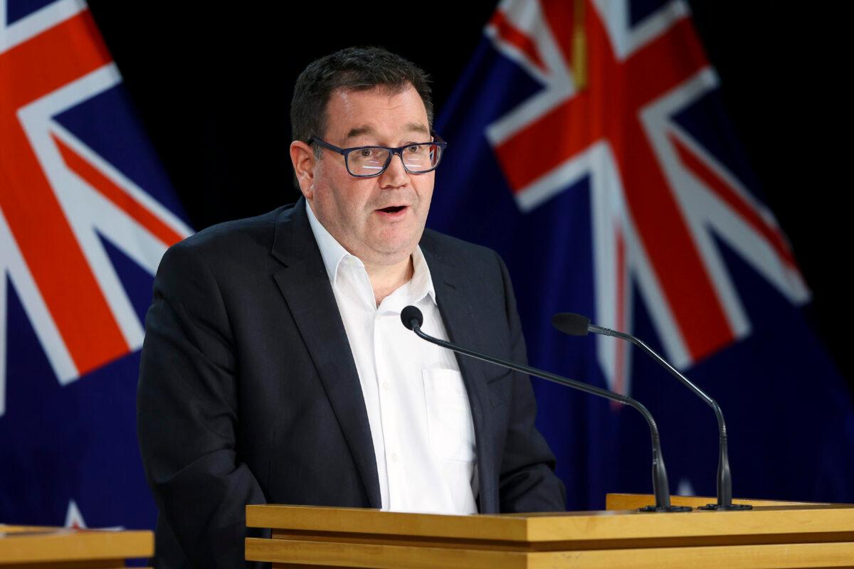 New Zealand Finance Minister Grant Robertson speaks to the media during a press conference at Parliament in Wellington, New Zealand, on Aug. 17, 2021. (Hagen Hopkins/Getty Images)