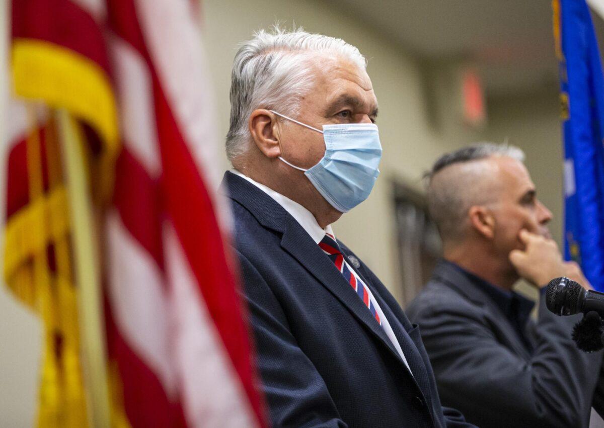 Nevada Gov. Steve Sisolak provides an update on COVID-19 in Nevada at the Sawyer Building in Las Vegas on Aug. 16, 2021. (Chase Stevens/Las Vegas Review-Journal via AP)