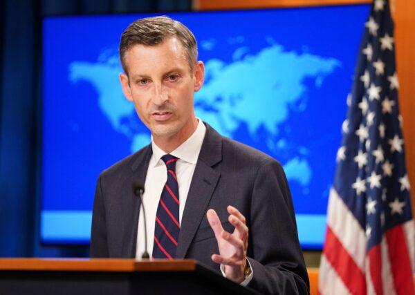 U.S. State Department spokesman Ned Price holds a press briefing on Afghanistan at the State Department in Washington on Aug. 16, 2021. (Kevin Lamarque/Pool/AFP via Getty Images)
