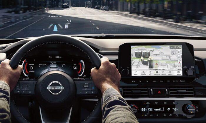 Undated photo of a digital dashboard, HUD, and infotainment system in a Nissan car in Japan. (Nissan)