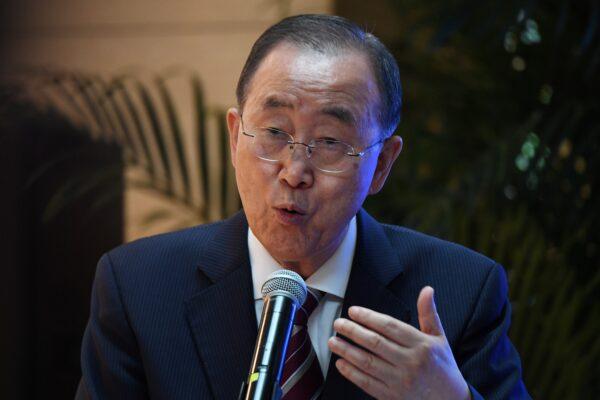 Former UN head Ban Ki-moon speaks at the launch of a report on climate adaptation, by the Global Commission on Adaptation, in Beijing, China, on Sep. 10, 2019. (Photo credit should read Greg Baker/AFP via Getty Images)