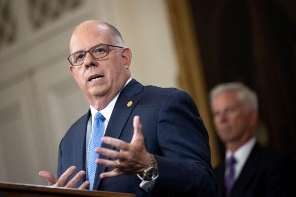 Maryland Governor Larry Hogan holds a news conference at the Maryland State Capitol in Annapolis, Md., on Aug. 5, 2021. (Courtesy of Bahaudin Mujtaba via AP)