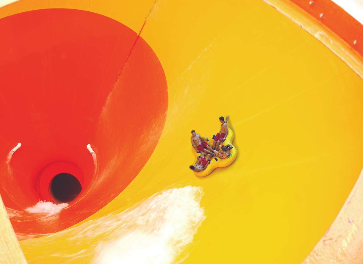 The Howlin' Tornado at Great Wolf Lodge takes riders down six stories down a funnel. (Courtesy of Wisconsin Dells Visitor & Convention Bureau)