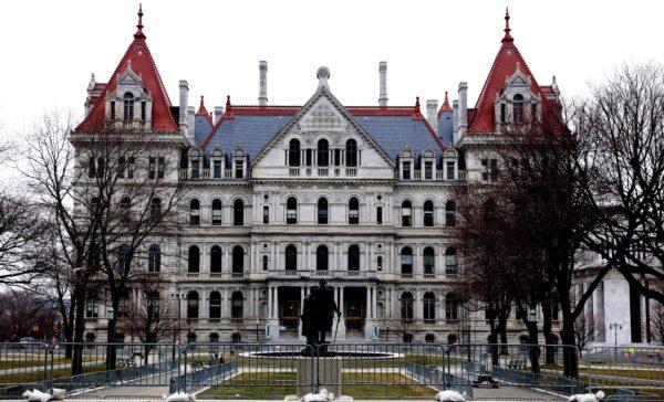 The New York State Capitol in Albany, New York, on March 17, 2021. (Bennett Raglin/Getty Images for UltraViolet, Women's March, Girls for Gender Equity)