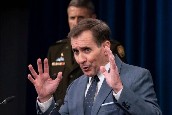 Pentagon spokesman John Kirby, right, speaks accompanied by U.S. Army Major Gen. William Taylor, Joint Staff Operations, during a media briefing at the Pentagon, in Washington, on Aug. 17, 2021. (AP Photo/Alex Brandon)