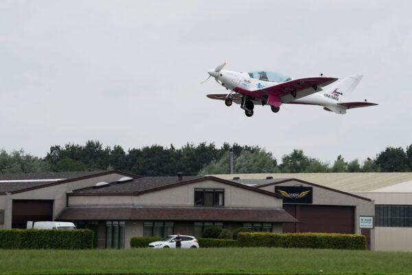 Belgian-British teenager Zara Rutherford takes off in her Shark Ultralight airplane at the Kortrijk-Wevelgem airfield in Wevelgem, Belgium, on Aug. 18, 2021. (Virginia Mayo/AP Photo)