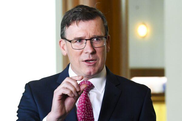 Australian Education Minister Alan Tudge speaks to the media during a press conference at Parliament House in Canberra, Australia, on Aug. 4, 2021. (AAP Image/Lukas Coch)