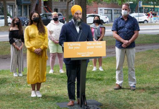 NDP Leader Jagmeet Singh responds to questions during a news conference in a park in Montreal on Aug. 15, 2021. (The Canadian Press/Paul Chiasson)