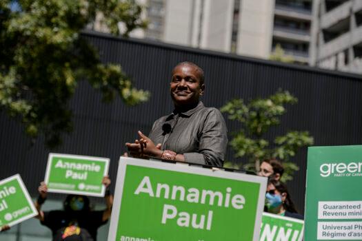 Green Party Leader Annamie Paul launches her election campaign at a press conference in the riding of Toronto Centre, on Aug. 15, 2021. (The Canadian Press/Christopher Katsarov)