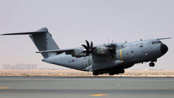A Royal Air Force Airbus A400M Atlas military cargo aircraft, carrying evacuees from Afghanistan, departs from Al-Maktoum International Airport on August 19, 2021. (Giuseppe Cacae/AFP via Getty Images)
