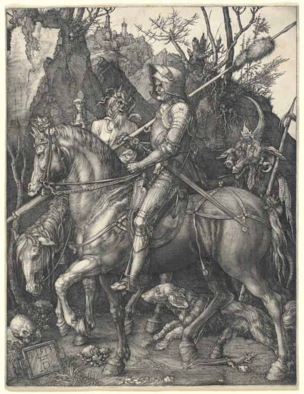 “Knight, Death, and the Devil,” 1513, by Albrecht Dürer. Engraving, 9 13/16 inches by 7 11/16 inches. The Metropolitan Museum of Art, New York. (Public Domain)