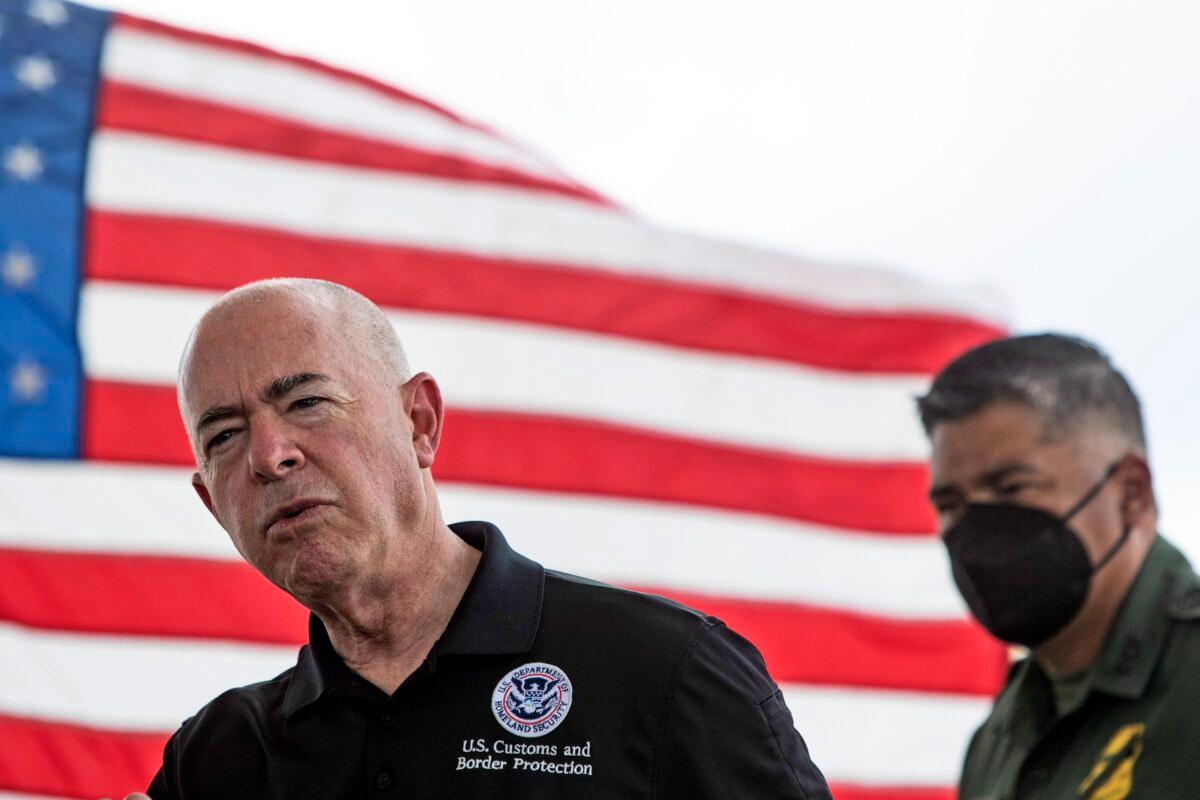 Homeland Security Secretary Alejandro Mayorkas addresses the media in a press conference about the current immigration situation on the U.S.–Mexico border at Fort Brown Border Patrol Station in Brownsville, Texas, on Aug. 12, 2021. (Denise Cathey/The Brownsville Herald via AP)