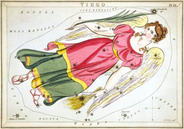 The Virgo constellation as depicted by engraver Sidney Hall, circa 1825, in “Urania's Mirror,” a set of constellation cards published in London. Library of Congress, Prints and Photographs Division. (Public Domain)