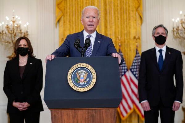 President Joe Biden speaks about the evacuation of American citizens, their families, SIV applicants, and vulnerable Afghans in the East Room of the White House in Washington, on Aug. 20, 2021. (Manuel Balce Ceneta/AP Photo)