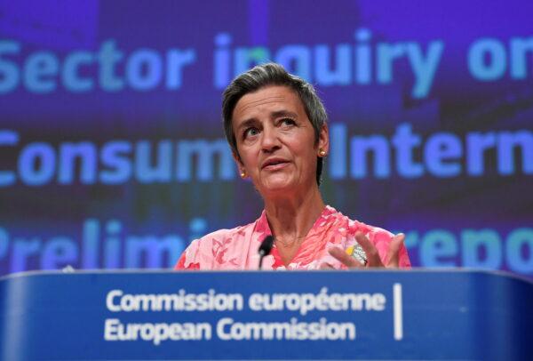 European Commissioner Margrethe Vestager speaks during a news conference on a competition sector inquiry at the EU headquarters in Brussels, Belgium, on June 9, 2021. (John Thys/Pool via Reuters)
