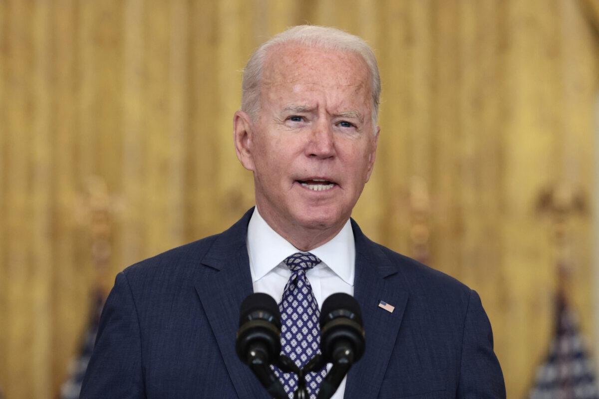 President Joe Biden delivers remarks on the U.S. military’s ongoing evacuation efforts in Afghanistan from the East Room of the White House in Washington on Aug. 20, 2021. (Anna Moneymaker/Getty Images)