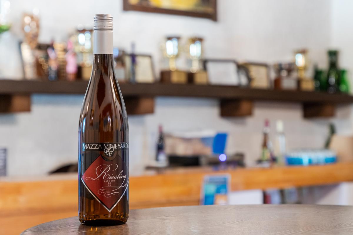 A bottle of Mazza Vineyards Riesling 2020. As with the appellations of the Finger Lakes, riesling thrives in the climate of the Lake Erie AVA. (Dennis Lennox)