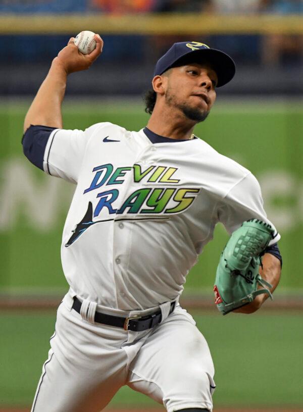 Tampa Bay Rays starter Luis Patino pitches against the Chicago White Sox during the first inning of a baseball game in St. Petersburg, Fla., on Aug. 21, 2021. (Steve Nesius/AP Photo)