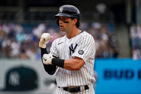 New York Yankees' Tyler Wade reacts after hitting a an RBI-single in the second inning of a baseball game against the Minnesota Twins in New York, on Aug. 21, 2021. (Mary Altaffer/AP Photo)