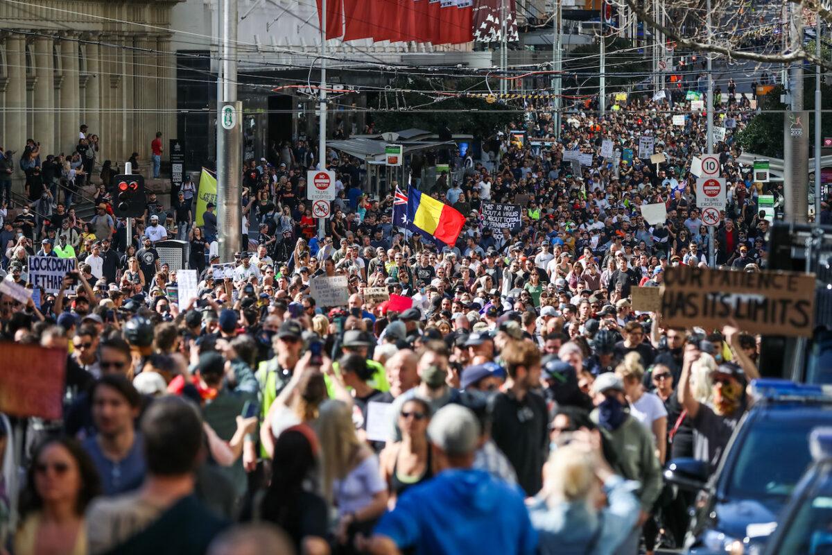 A general view of protesters as they march in Melbourne, Australia, on Aug. 21, 2021. (Getty Images)