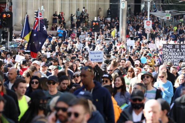 Thousands of people gather in Melbourne's CBD to protest lockdown restrictions in Melbourne, Australia, on Aug. 21, 2021. (Getty Images)