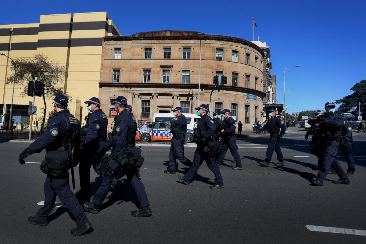 NSW Police block off main roads surrounding Broadway in Sydney, Australia, on Aug. 21, 2021. (Lisa Maree Williams/Getty Images)
