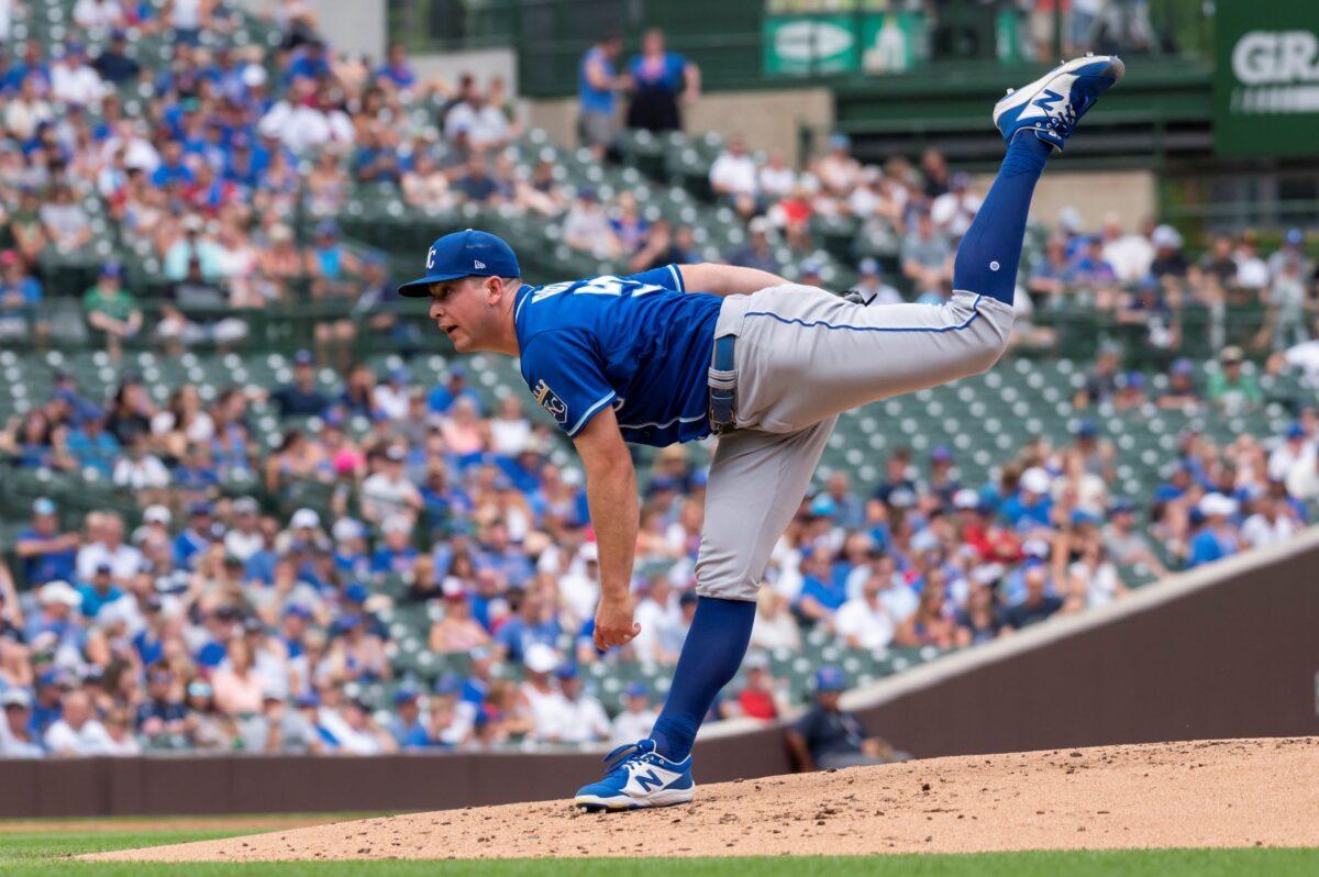 Kansas City Royals starting pitcher Kris Bubic (50) pitches during the first inning against the Chicago Cubs at Wrigley Field, Chicago, Ill., on Aug. 21, 2021. (Patrick Gorski/USA TODAY Sports)