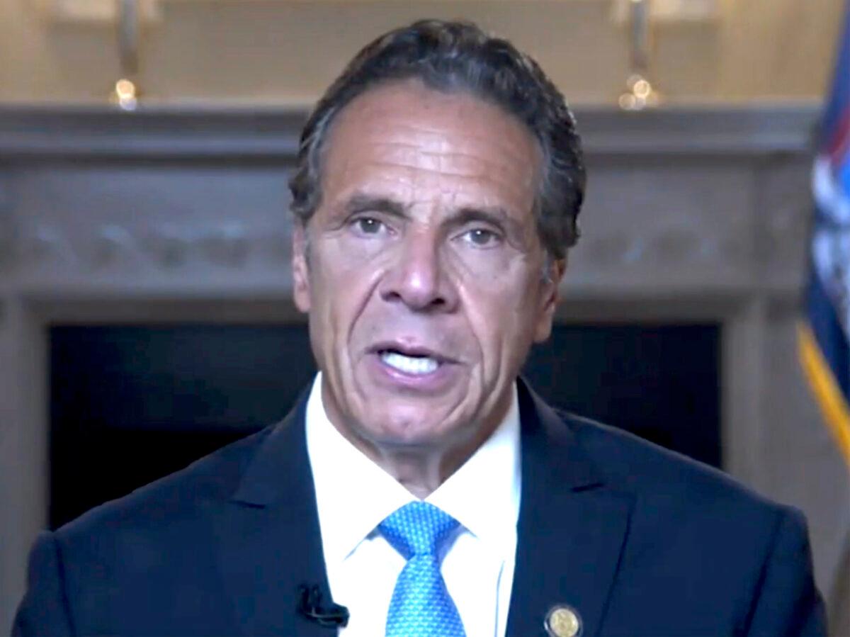 New York Governor Andrew Cuomo gives a farewell speech via online video in New York on Aug. 23, 2021. (New York Governor’s Office via AP)
