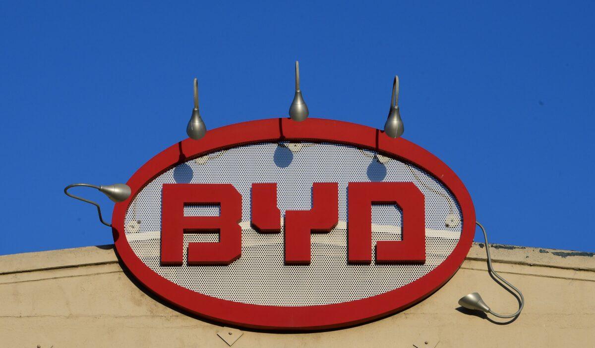  The BYD logo is pictured on top of its office in Los Angeles on May 13, 2020. (Frederic J. Brown/AFP via Getty Images)