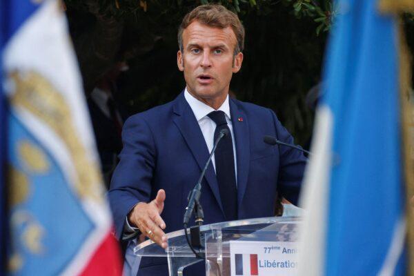 French President Emmanuel Macron delivers a speech during a ceremony marking the 77th anniversary of the liberation of Bormes-les-Mimosas during World War II, in Bormes-les-Mimosas, southern France, on Aug. 17, 2021. (Eric Gaillard/POOL/AFP via Getty Images)
