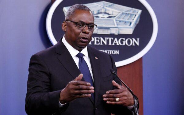 Defense Secretary Lloyd Austin speaks to the press, at the Pentagon in Washington, on Aug. 18, 2021. (Olivier Douliery/AFP via Getty Images)