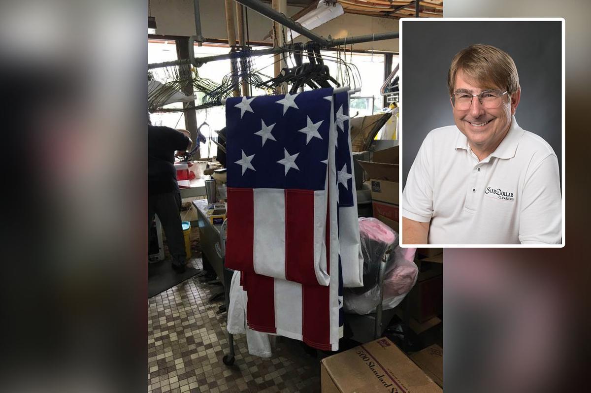 An American flag in Sand Dollar Cleaners in Jacksonville, Florida; (Inset) Business owner Steve Thompson. (Courtesy of <a href="https://www.facebook.com/SandDollarCleaners/">Steve Thompson</a>)