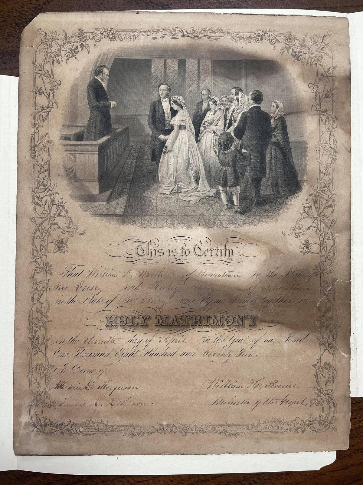 The marriage certificate that was discovered at the back of the painting. (Courtesy of <a href="https://www.facebook.com/KarmenCaroline">Karmen Smith</a>)