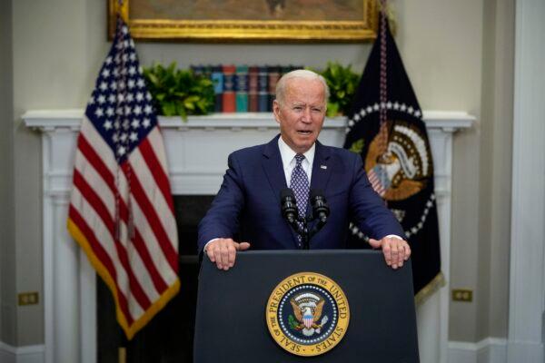 President Joe Biden speaks about the situation in Afghanistan in the Roosevelt Room of the White House in Washington, on Aug. 24, 2021. (Drew Angerer/Getty Images)