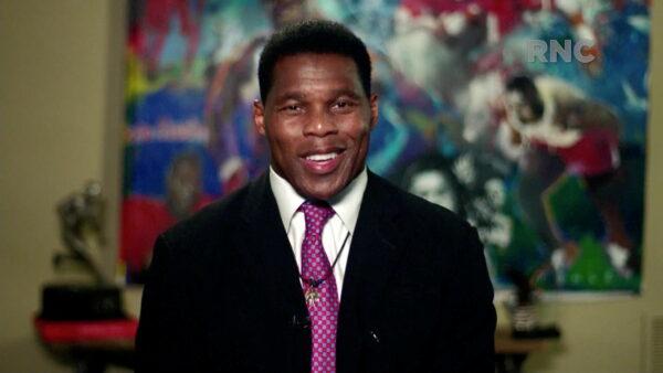 Former NFL player Herschel Walker speaks by video feed during the largely virtual 2020 Republican National Convention broadcast from Washington on Aug. 24, 2020. Walker has been endorsed by former President Donald Trump for the U.S. Senate. (2020 Republican National Convention/Handout via Reuters)