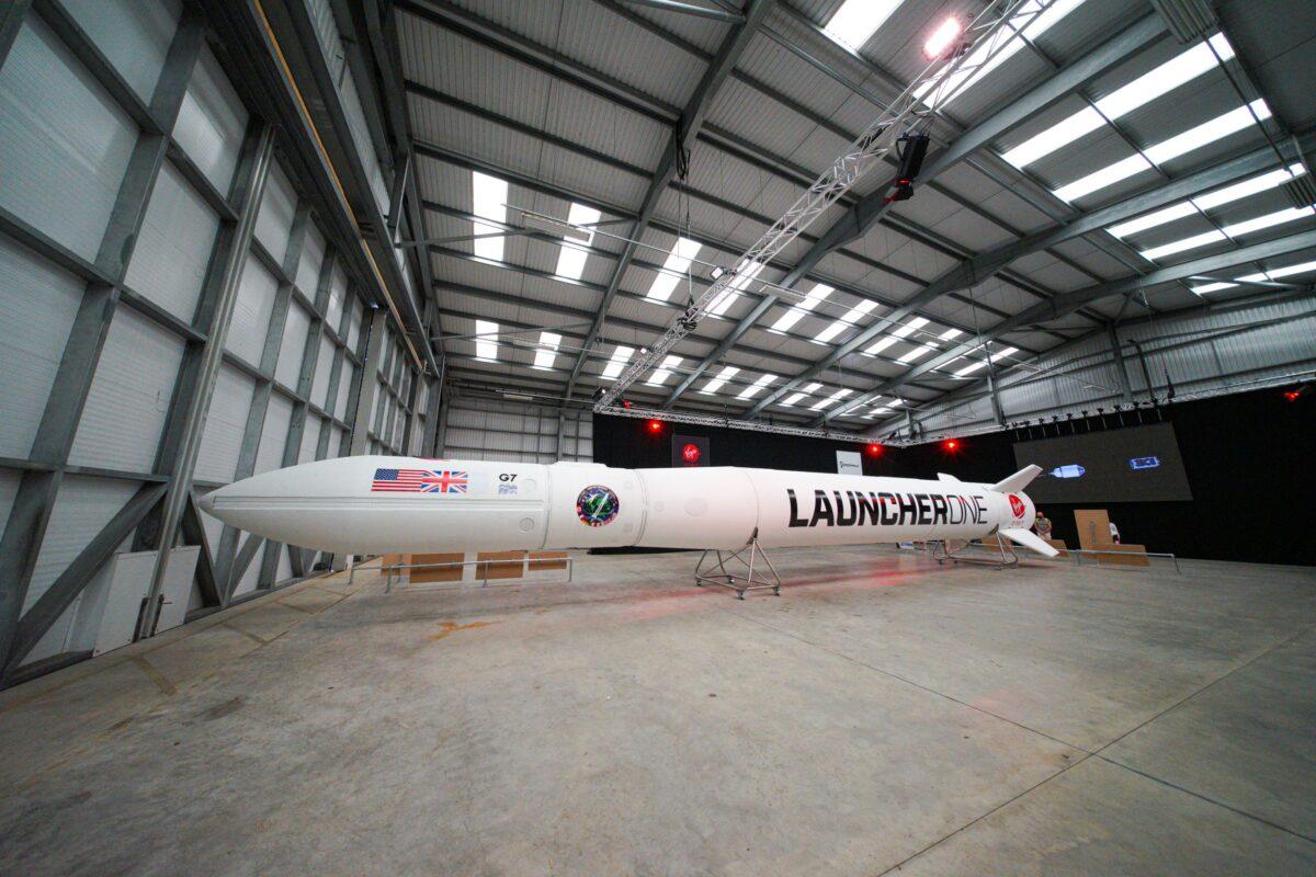 The Virgin Orbit Launcher One rocket is displayed at Spaceport Cornwall in Newquay, England, on Aug. 2, 2021. (Hugh Hastings/Getty Images)