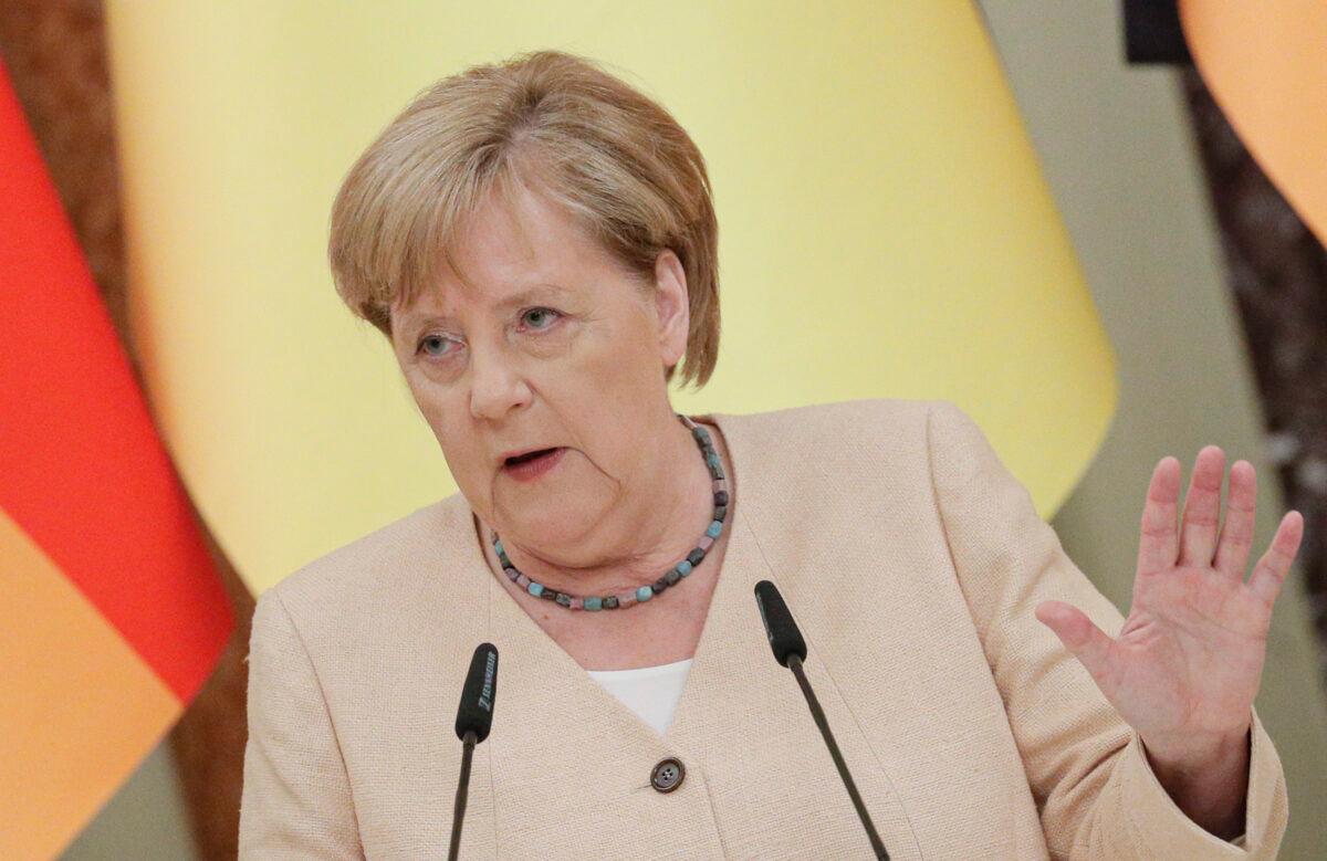 German Chancellor Angela Merkel attends a news conference in Kyiv, Ukraine, on Aug. 22, 2021. (Sergey Dolzhenko/Pool via AP)