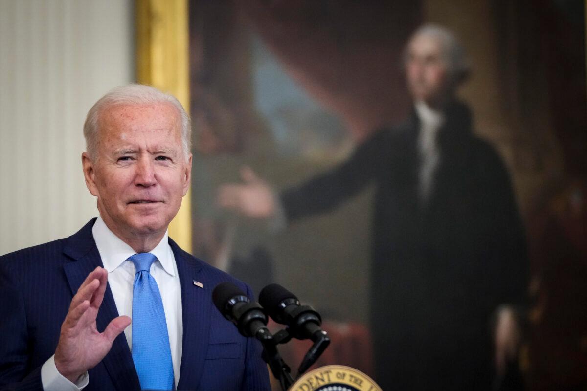 President Joe Biden speaks during an event to honor the 2020 WNBA champions Seattle Storm in the East Room of the White House in Washington on Aug. 23, 2021. (Drew Angerer/Getty Images)