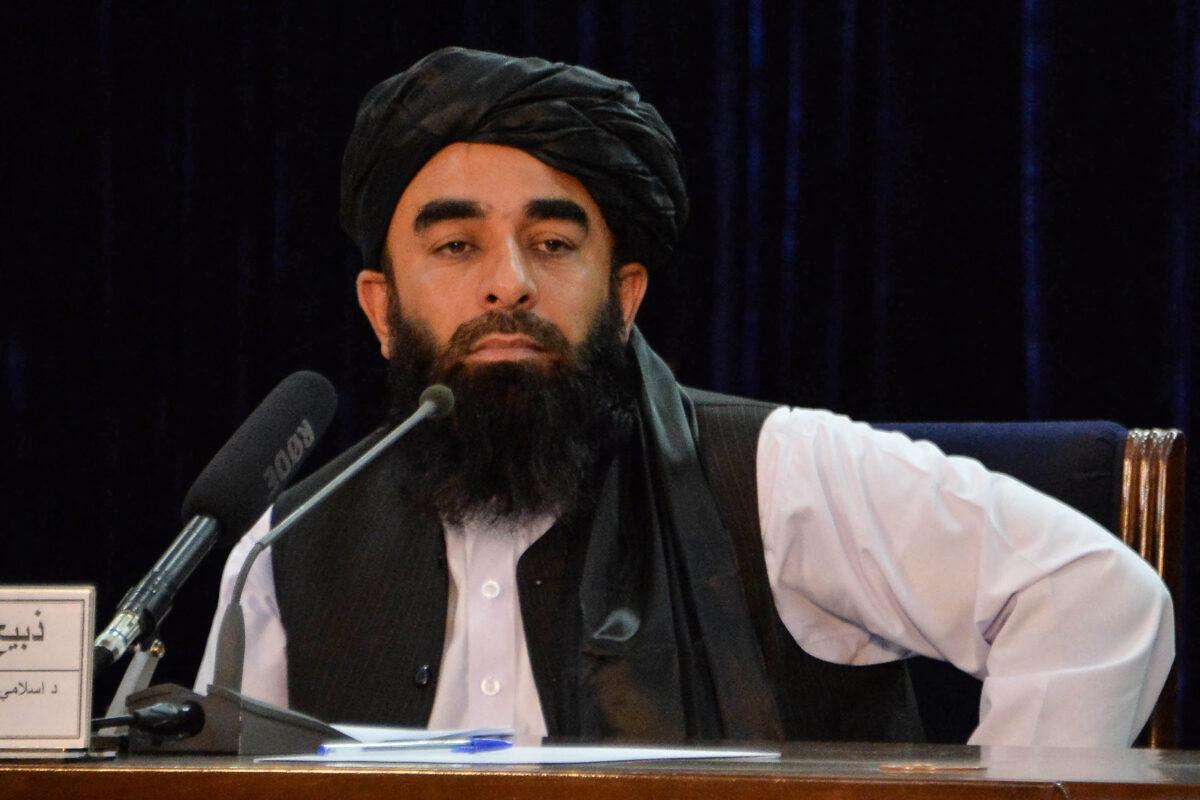 Taliban spokesperson Zabihullah Mujahid looks on during a press conference in Kabul, Afghanistan, on Aug. 24, 2021. (Hoshang Hashimi/AFP via Getty Images)